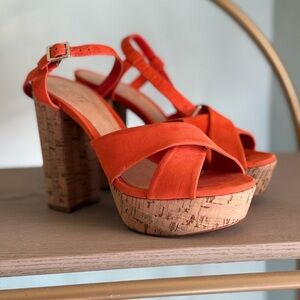 EUC Women's Orange Cork Platform Sandals - Strappy High Heel